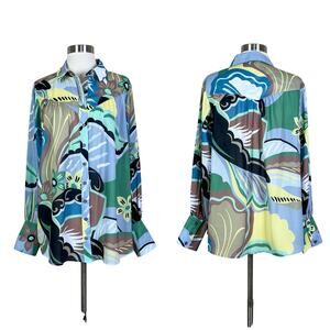 Entro | Abstract Blue Green Print Sheer Button Down Oversized Blouse Top Medium